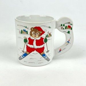Vintage Unbranded 14 Fl Oz Skiing Winter Scene Santa Cat Coffee Mug Cup